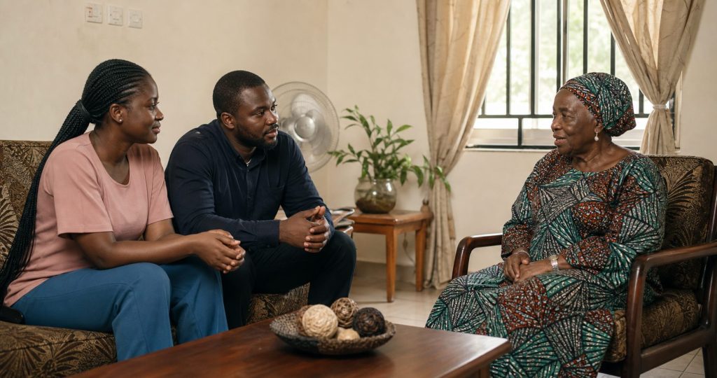 Illustrative image of a Nigerian family talking together at home.